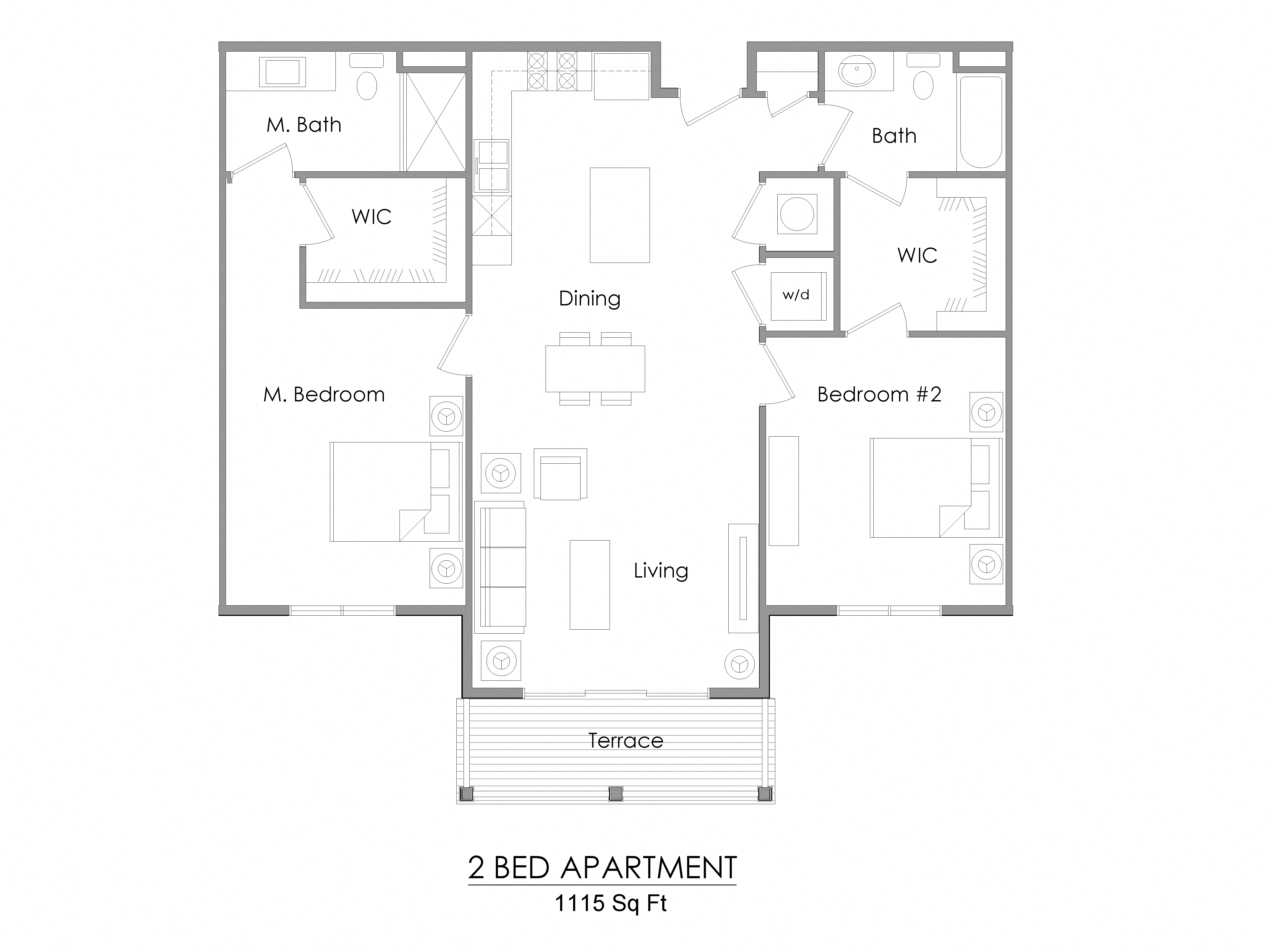 Floor plan for 2 beds, 2 baths, 1115 sqft